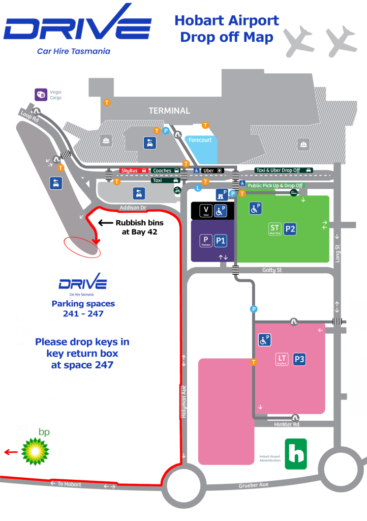 The image shows the customer the map of the Hobart Airport and where to return and park the car for the final drop off - parking spaces 241 - 247. Keys should be returned in the key return box at space 247.