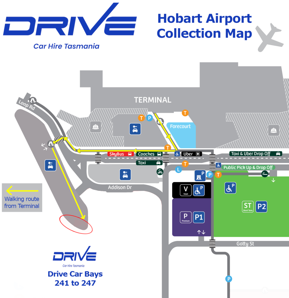 The image shows the customer the walking path from the Hobart Airport Terminal to the Drive Car Hire parking bays for rental car collection / pick-up. These are numbered 241 to 247.