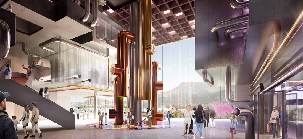 A render of the Chocolate Experience at the Cadbury Tasmania factory. An open factory floor with lots of visitors of all ages. Coming soon!