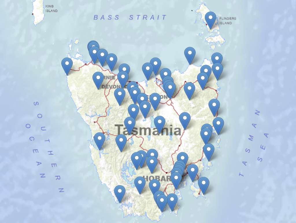A map from the Parks and Wildlife Service of Tasmania and where all the national parks are located across the island.