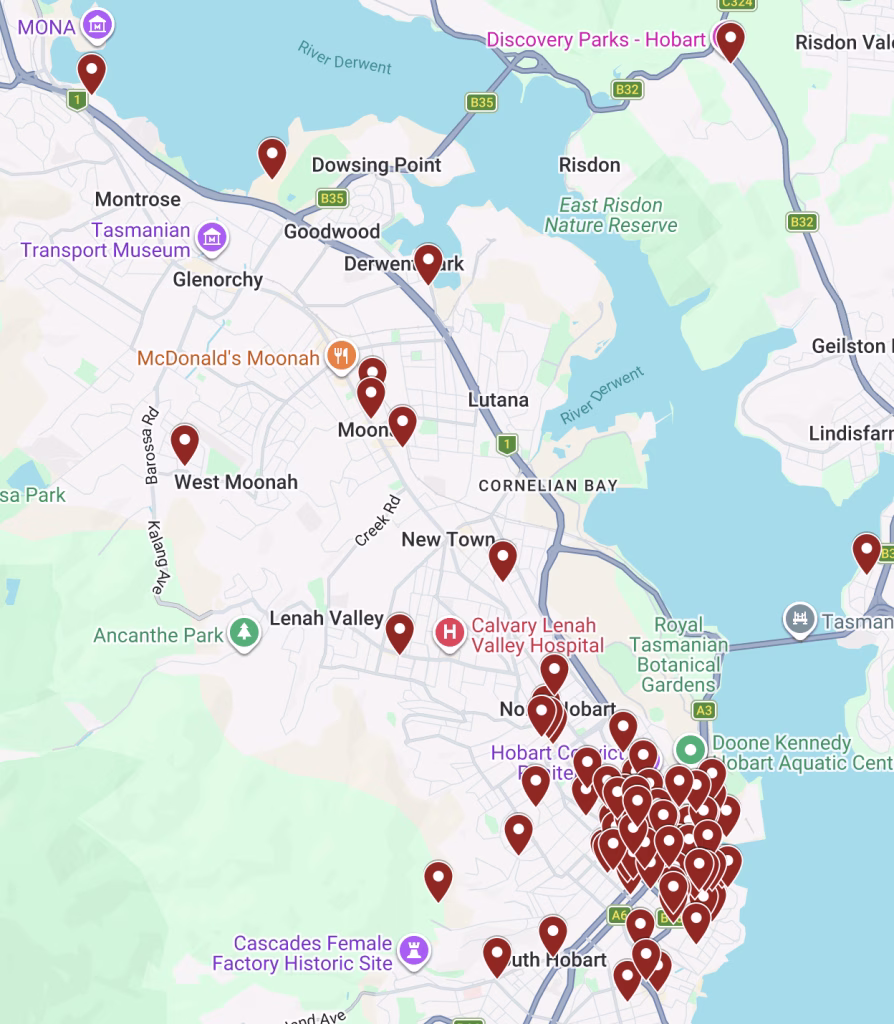 Paint the Town Red 2026 map of participating locations in Hobart. 